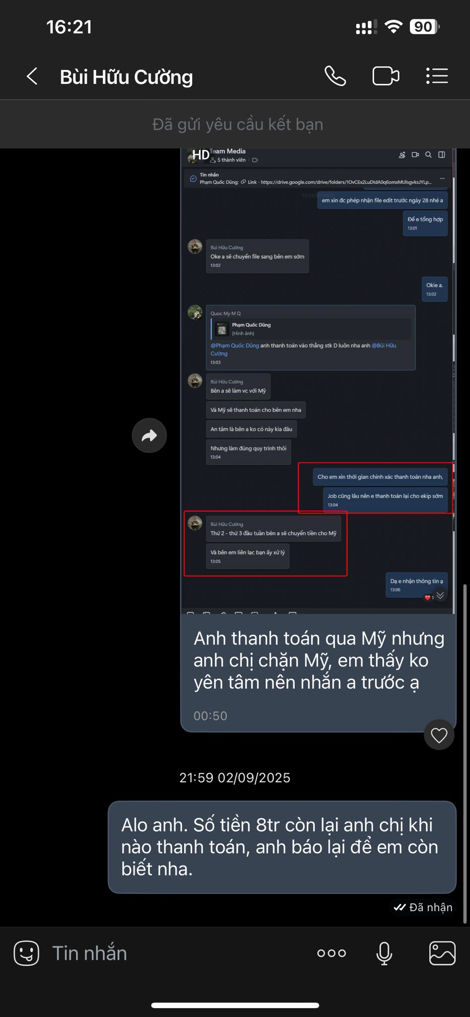Tin nhắn đòi tiền của tài khoản P.Q.D Loạt ảnh chụp màn hình tin nhắn đòi tiền