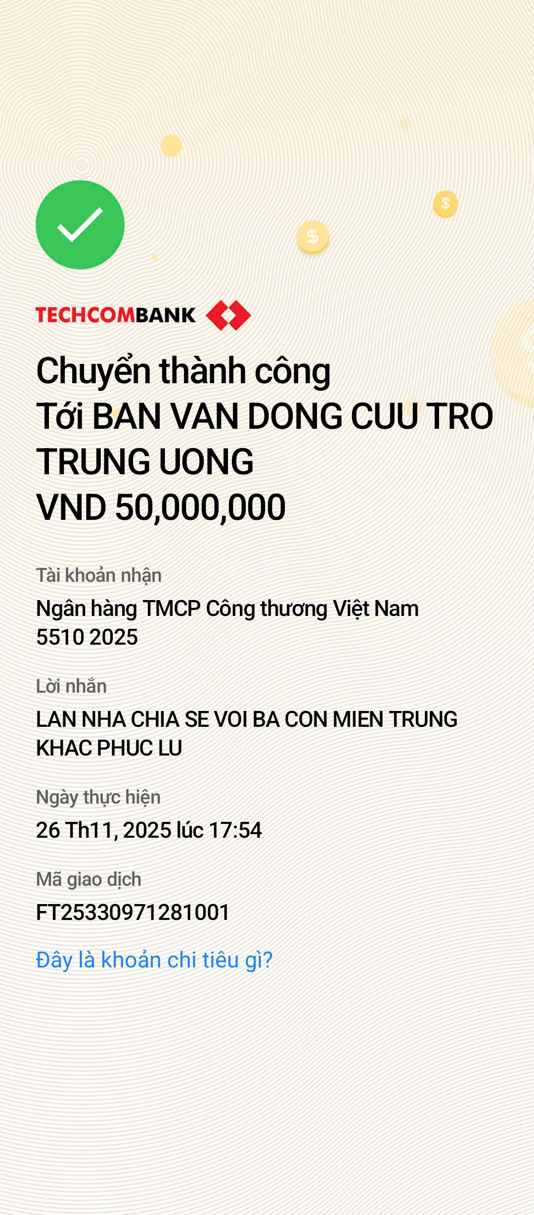 Biên lai chuyển khoản ủng hộ miền Trung
