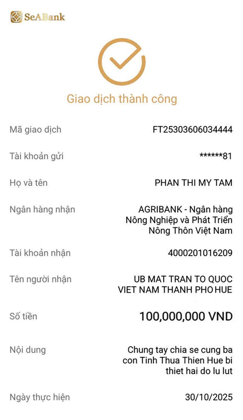 Mỹ Tâm liên tục chuyển khoản 1,1 tỷ đồng- Ảnh 3. Chứng từ chuyển tiền hỗ trợ bà con bị thiệt hại do lũ tại Huế