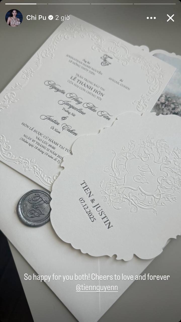 Dàn sao rần rần đám cưới Tiên Nguyễn: Chi Pu - Hương Giang sẽ tham dự, 1 Á hậu được giao nhiệm vụ đặc biệt!- Ảnh 2. Chi Pu chia sẻ hình ảnh thiệp cưới của Tiên Nguyễn trên mạng xã hội
