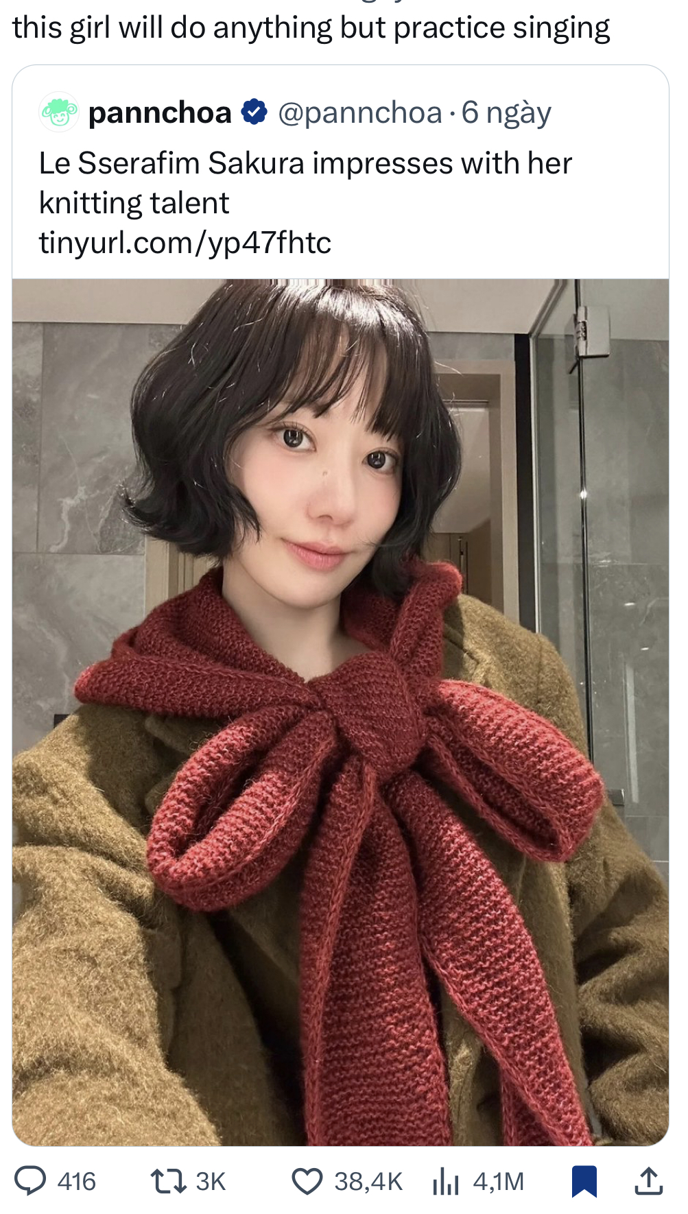 Nữ ca sĩ bất tài này sẽ làm bất cứ điều gì trừ học hát- Ảnh 1. Sakura khoe thành phẩm khăn len tự đan